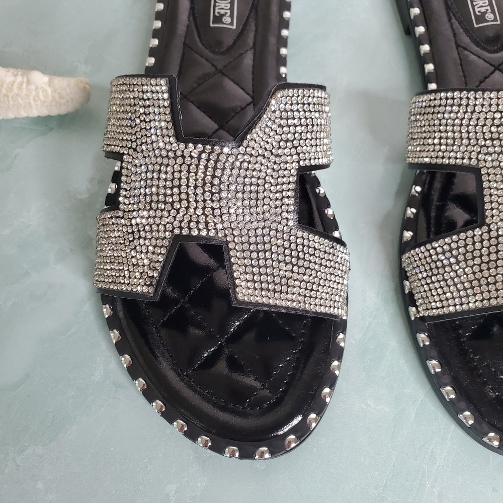 Black Sparkle Cut-Out Rhinestone Sandals - Picture 7 of 7